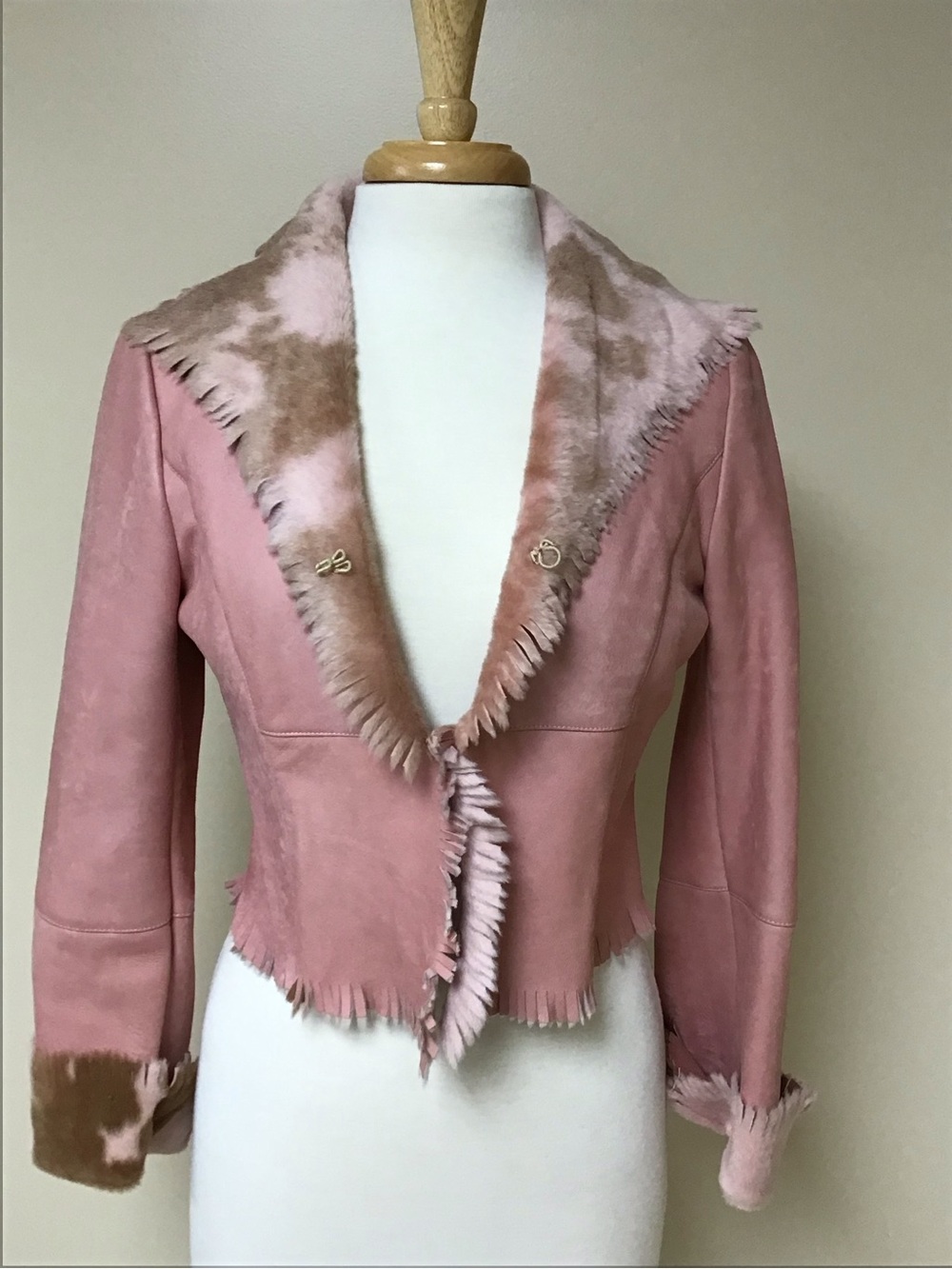 Pasha Veneto Vintage Pink Lambskin Leather Fur Trim Moto Jacket Size M